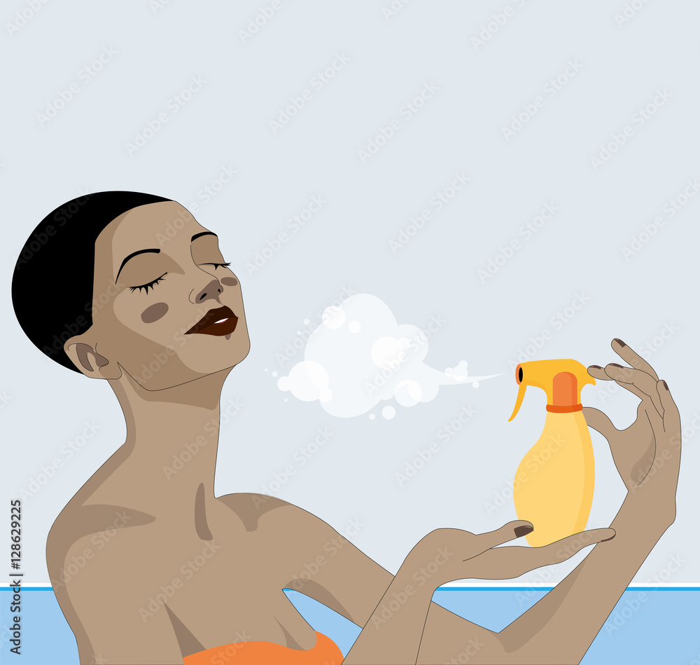 Beautiful young afro american woman, with a male haircut, vaporizes suntan cream in her face and neck on summer time, in front of the beach. Black short hairs and colorful  swim suit. Vector.