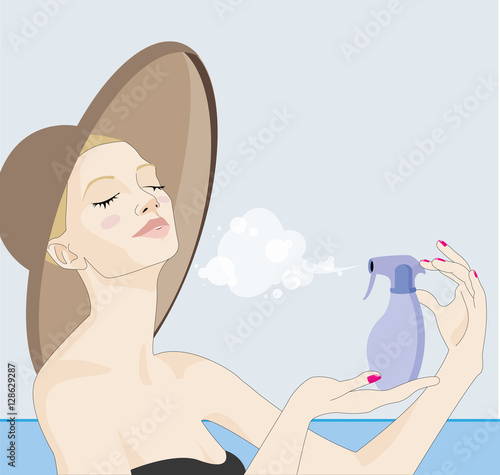 Beautiful young caucasian woman, with a big hat, vaporizing suntan cream in her face and neck on summer time, in the beach. Blonde hairs and black swim suit. Vector illustration,blue background.