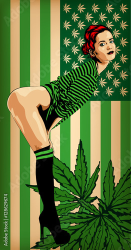 Pretty woman with usa flag green colored. Naked legs. Vector image. Usa flag green colors with marijuana leafs.