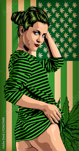 Pretty woman with usa flag green colored. Naked legs. Vector image. Usa flag green colors with marijuana leafs.