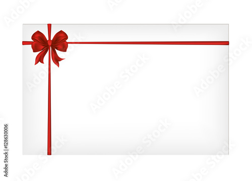 Gift card tied with a red ribbon with a beautiful bow. Vector. 