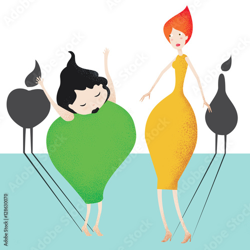 Pear girl and apple girl: two fruit-like women, with the projection of their fruit shadow, an apple and a pear. Vector image.