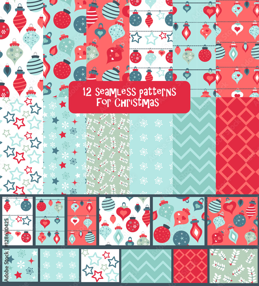 Set of seamless colorful bright and fun Christmas Winter Holidays patterns