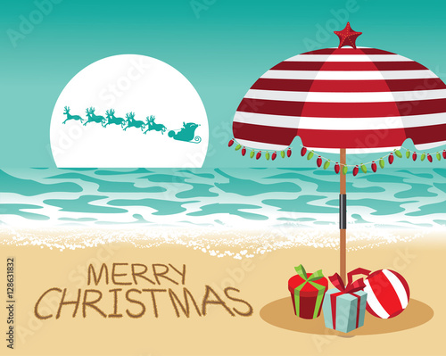 Merry Christmas in a warm climate design. Santa Claus delivers gifts over a Beach umbrella with Christmas lights and Christmas gifts. EPS 10 vector.
