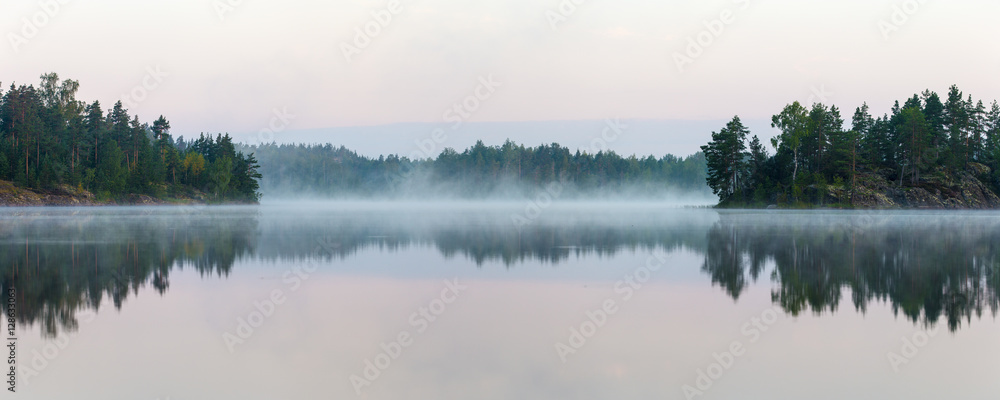 Panorama of morning lake - obrazy, fototapety, plakaty 