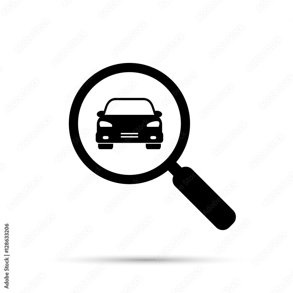Search car sign, vector. Magnifying glass with car. Search car symbol. Looking for transport. Search car sign, vector. Magnifying glass with car. Search car symbol. Looking for transport.