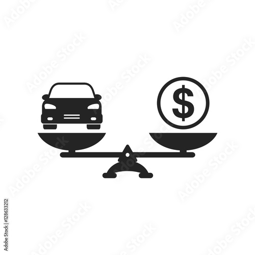 Car and money on scales icon, vector. Scales with car and dollar coin in flat style. Car price concept.