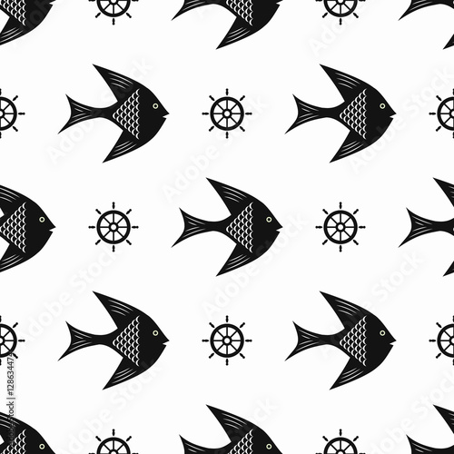 Maritime mood, Seamless nautical pattern with fishes and steering wheels, black-and-white