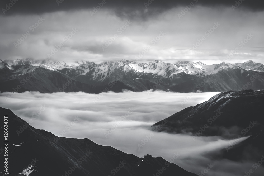 panoramic view in black and white of the Stelvio Pass (Italy)
