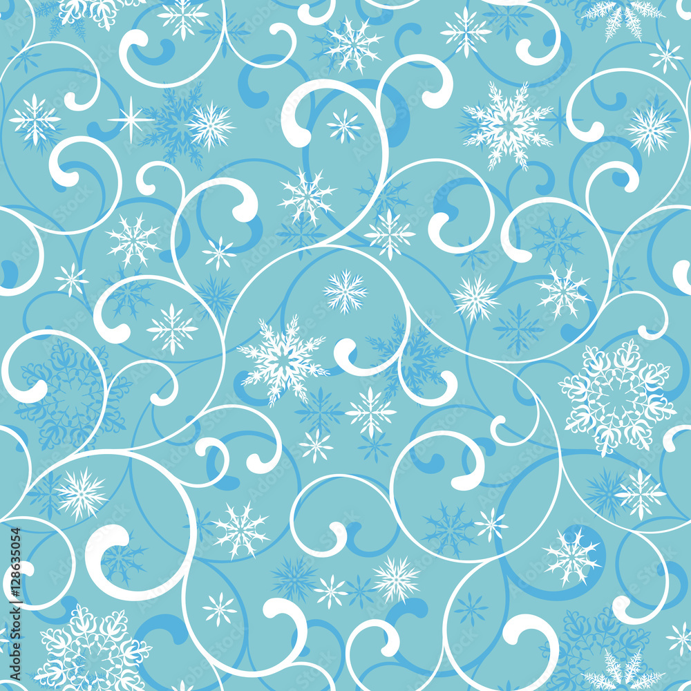 Seamless pattern with swirl and snowflakes on a blue background Seamless pattern with swirl and snowflakes on a blue background