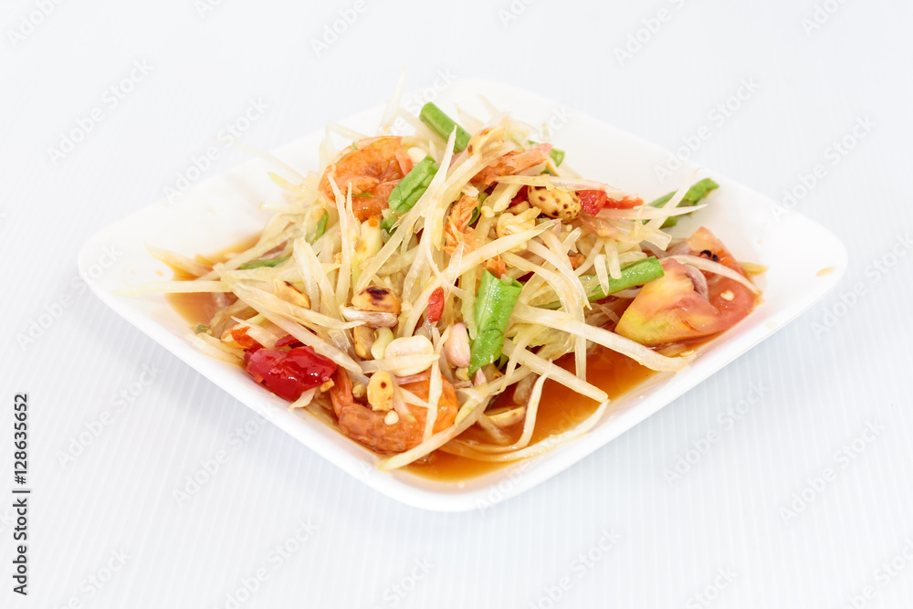 Thai food papaya salad on white dish