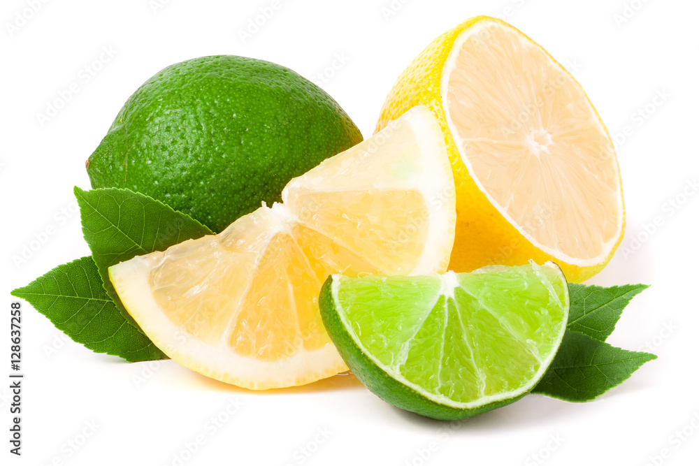 lime and lemon with leaves isolated on white background