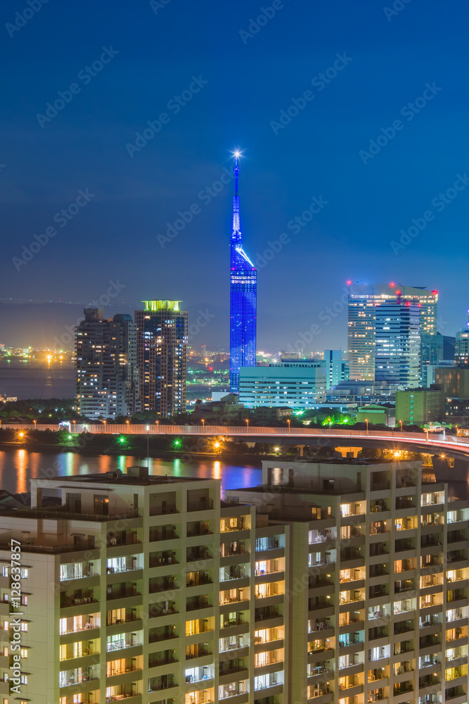 Beautiful Night View cityscape of Hakata at Nigth in Fukuoka, Japan.
