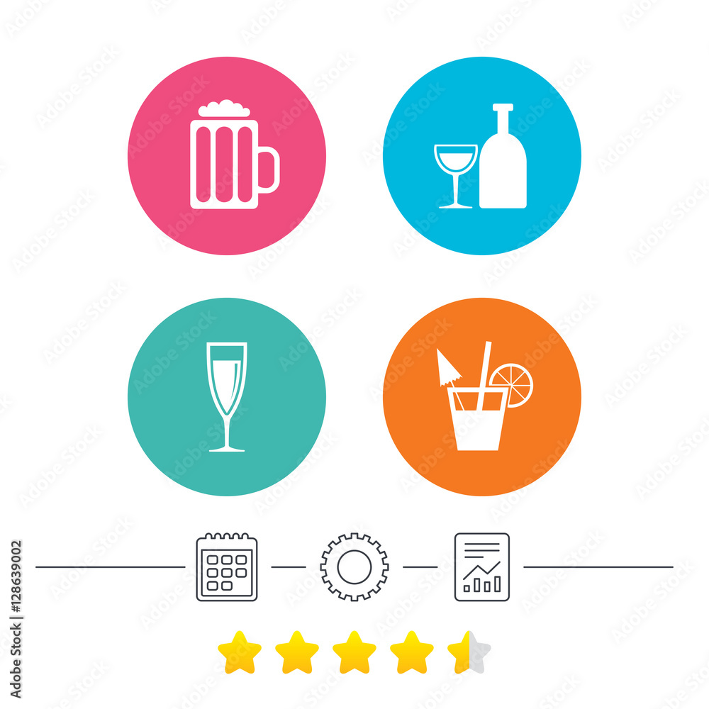 Alcoholic drinks icons. Champagne sparkling wine and beer symbols. Wine glass and cocktail signs. Calendar, cogwheel and report linear icons. Star vote ranking. Vector Alcoholic drinks icons. Champagne sparkling wine and beer symbols. Wine glass and cocktail signs. Calendar, cogwheel and report linear icons. Star vote ranking. Vector