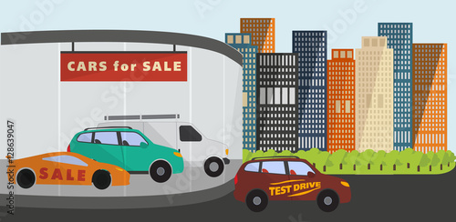 Salon for car sales in big city. Car Test drive. Buying from dealers. Sale car. Dealership salon. Automotive dealers.