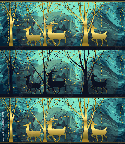Seamless Merry Christmas pattern with gold deers, winter abstraction. Forest background. Endless horizontal banner with Reindeers in snow. Hand drawn paper decorative elements, vector illustration.