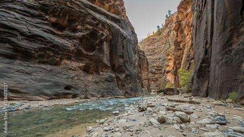 The river runs canyon wall to canyon wall. The light at the end of the narrow. Narrows in Zion National Park, Utah, USA