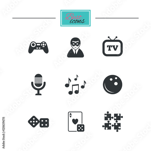 Entertainment icons. Game, bowling and puzzle signs. Casino, carnival and musical note symbols. Black flat icons. Classic design. Vector