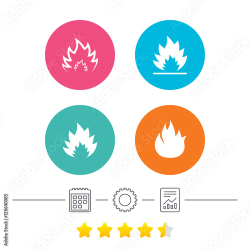 Fire flame icons. Heat symbols. Inflammable signs. Calendar, cogwheel and report linear icons. Star vote ranking. Vector