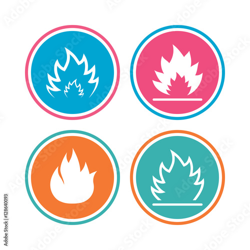 Fire flame icons. Heat symbols. Inflammable signs. Colored circle buttons. Vector