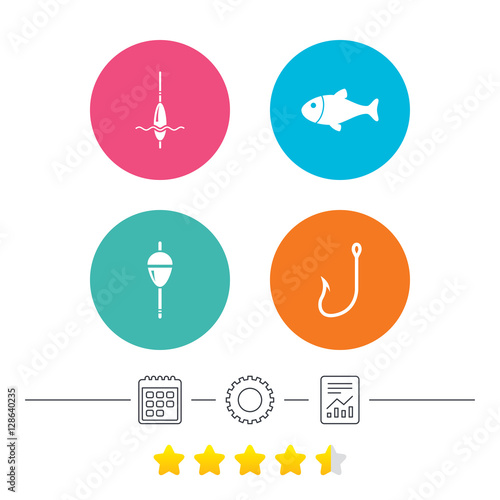 Wallpaper Mural Fishing icons. Fish with fishermen hook sign. Float bobber symbol. Calendar, cogwheel and report linear icons. Star vote ranking. Vector Torontodigital.ca