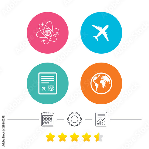 Airplane icons. World globe symbol. Boarding pass flight sign. Airport ticket with QR code. Calendar, cogwheel and report linear icons. Star vote ranking. Vector © blankstock