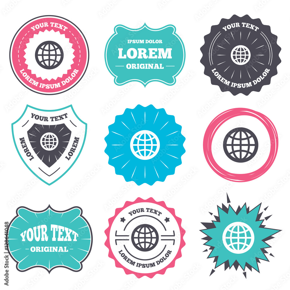 Label and badge templates. Globe sign icon. World symbol. Retro style banners, emblems. Vector