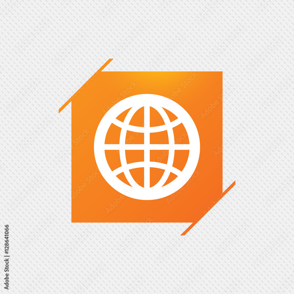 Globe sign icon. World symbol. Orange square label on pattern. Vector Globe sign icon. World symbol. Orange square label on pattern. Vector
