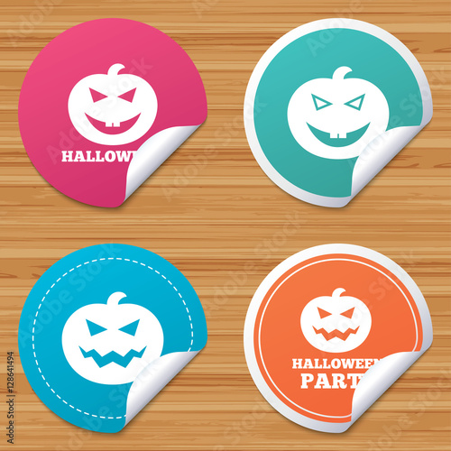 Round stickers or website banners. Halloween pumpkin icons. Halloween party sign symbol. All Hallows Day celebration. Circle badges with bended corner. Vector