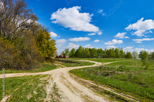 Summer landscape. The road near the forest on a background of blue sky with clouds