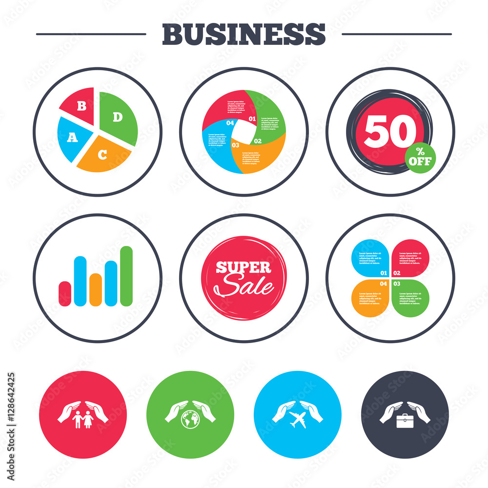 Business pie chart. Growth graph. Hands insurance icons. Human life insurance symbols. Travel flight baggage symbol. World globe sign. Super sale and discount buttons. Vector Business pie chart. Growth graph. Hands insurance icons. Human life insurance symbols. Travel flight baggage symbol. World globe sign. Super sale and discount buttons. Vector