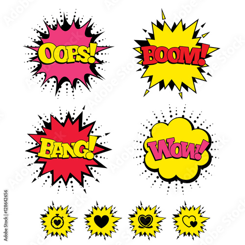 Comic Boom, Wow, Oops sound effects. Heart ribbon icon. Timer stopwatch symbol. Love and Heartbeat palpitation signs. Speech bubbles in pop art. Vector