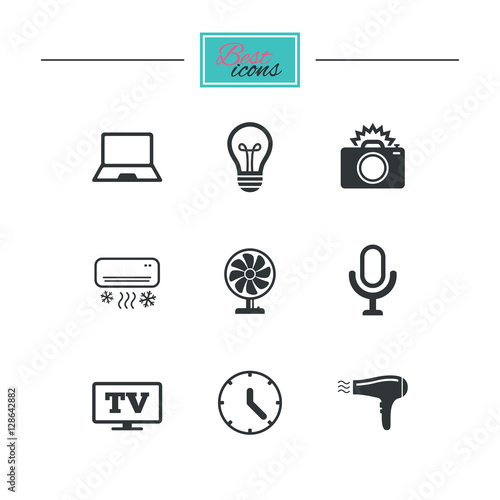 Home appliances, device icons. Air conditioning sign. Photo camera, computer and ventilator symbols. Black flat icons. Classic design. Vector