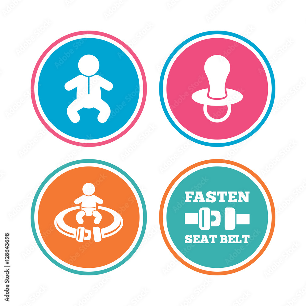 Baby infants icons. Toddler boy with diapers symbol. Fasten seat belt signs. Child pacifier and pram stroller. Colored circle buttons. Vector Baby infants icons. Toddler boy with diapers symbol. Fasten seat belt signs. Child pacifier and pram stroller. Colored circle buttons. Vector