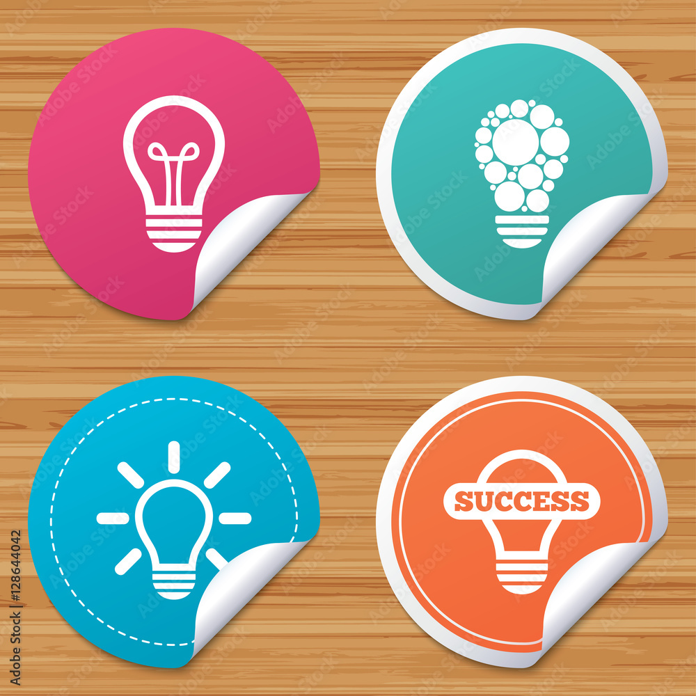 Round stickers or website banners. Light lamp icons. Circles lamp bulb symbols. Energy saving. Idea and success sign. Circle badges with bended corner. Vector Round stickers or website banners. Light lamp icons. Circles lamp bulb symbols. Energy saving. Idea and success sign. Circle badges with bended corner. Vector