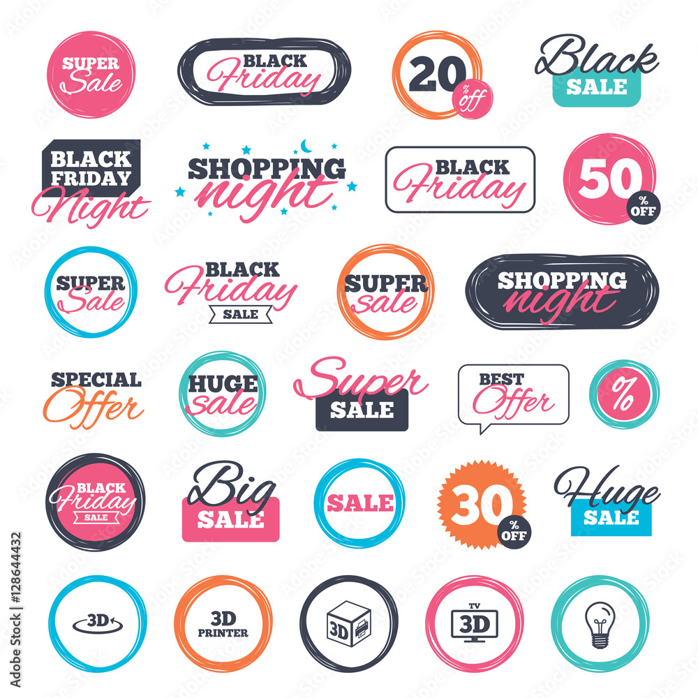 Sale shopping stickers and banners. 3d technology icons. Printer, rotation arrow sign symbols. Print cube. Website badges. Black friday. Vector