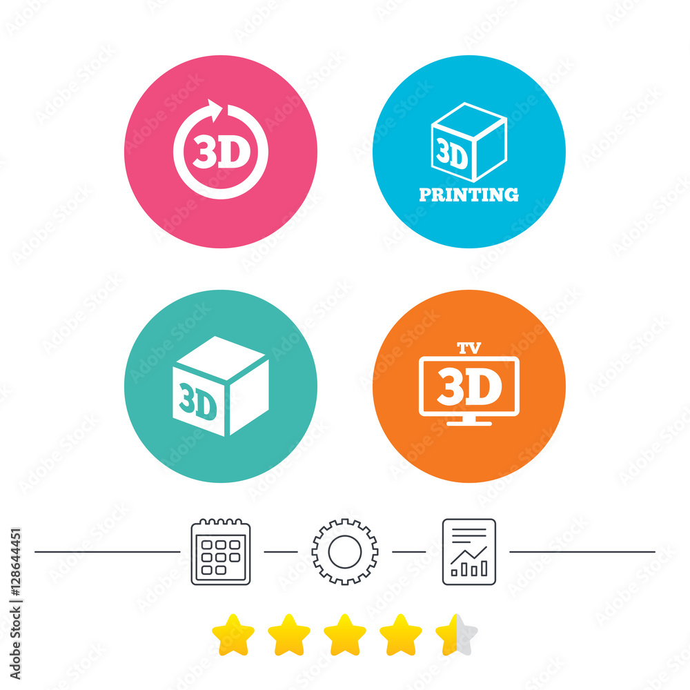 3d tv technology icons. Printer, rotation arrow sign symbols. Print cube. Calendar, cogwheel and report linear icons. Star vote ranking. Vector