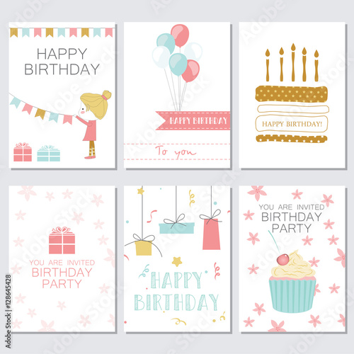Birthday, greeting and invitation cards with cakes, balloons, gifts and the girl