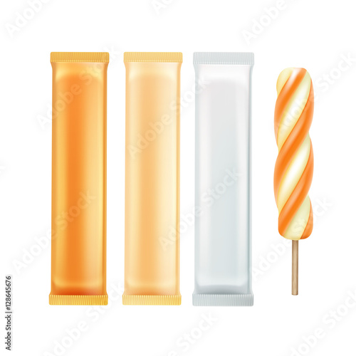 Vector Set of Orange Caramel Spiral Popsicle Lollipop Ice Cream Fruit Juice Ice on Stick with Orange White Plastic Foil Wrapper for Branding Package Design Close up Isolated on Background