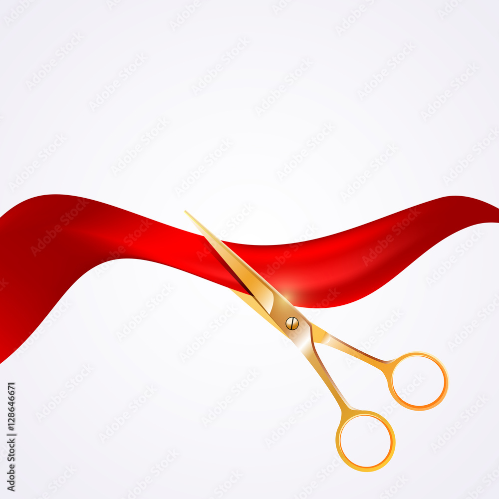 Grand Opening Design Template With Red Ribbon And Gold Scissors Start