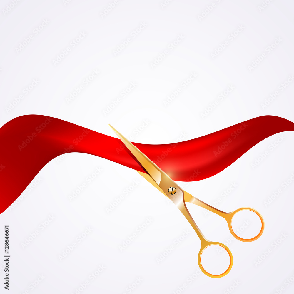 Grand opening. Top view of gold scissors cutting red ribbon on wite  background. Stock Illustration by ©vetre #274157802