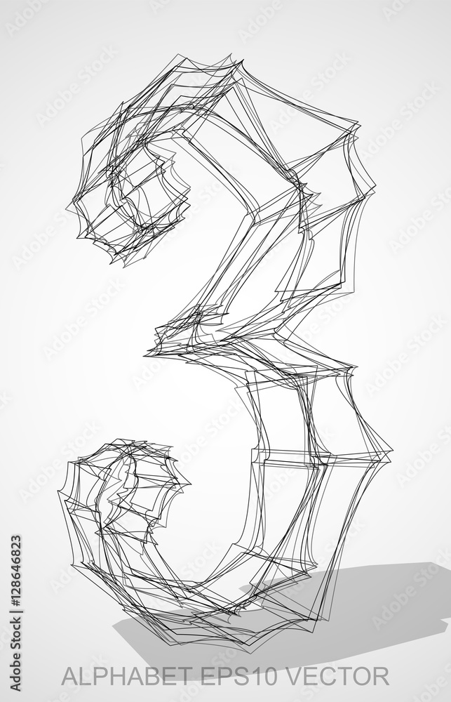 Vector illustration of a Ink sketched 3. Hand drawn 3D 3. Vector illustration of a Ink sketched 3. Hand drawn 3D 3.