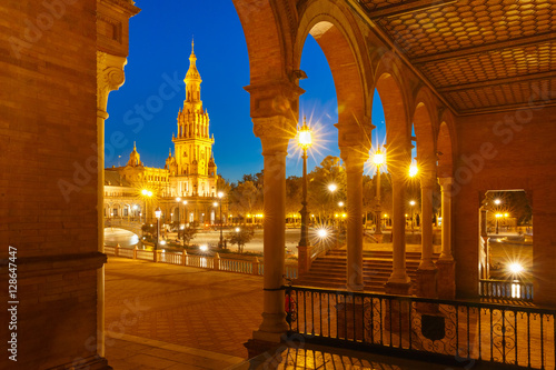 Spain Square or Plaza de Espana in Seville at night, Andalusia, Spain
