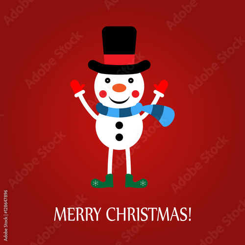 Vector illustration of a snowman on a red background with text Merry Christmas!