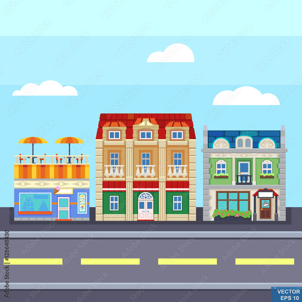 Small town urban landscape in flat design style, vector illustration. buildings, street ice cream shop, coffee cafe