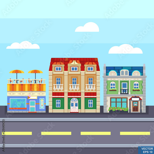 Small town urban landscape in flat design style  vector illustration. buildings  street ice cream shop  coffee cafe