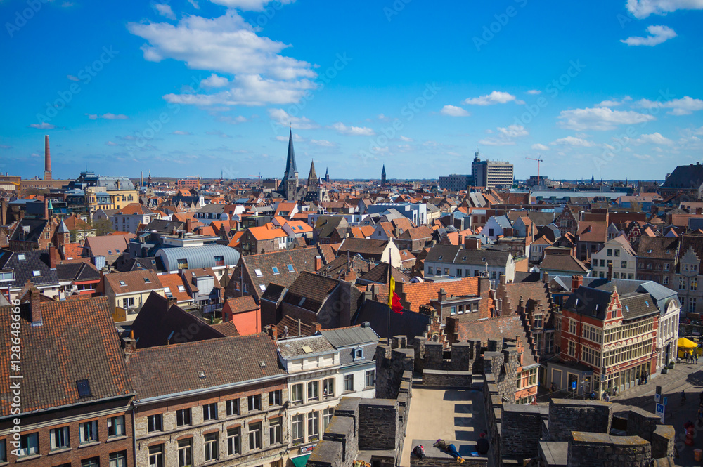 View on old town Ghent panorama from Gravensteen castle Gent, Belgium