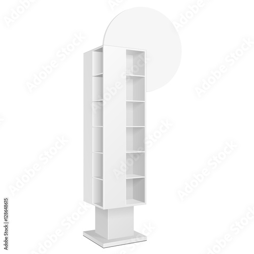 White Blank Quadrilateral Empty Showcase Displays With Retail Shelves On White Background Isolated. Ready For Your Design. Product Presentation. Vector EPS10