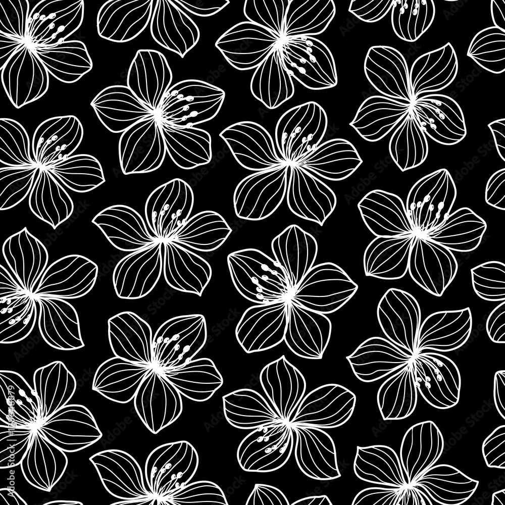 Hand drawn sakura, cherry tree flowers, white on black sketch style vector seamless pattern. Outlined spring flowers, blossoms, two colored seamless background