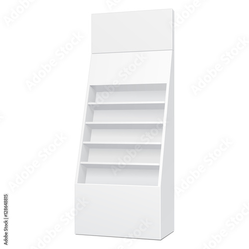 White Cardboard Floor Display Rack For Supermarket Blank Empty Displays With Shelves Products Mock Up. Illustration Isolated On White Background. Ready For Your Design. Product Packing. Vector EPS10